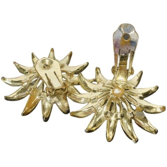 Vintage Red Enamel Sunflower Rhinestone Gold Tone Clip On Button Earrings - Picture 10 of 10